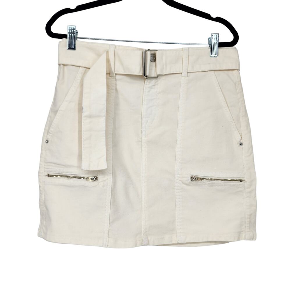 GRLFRND Denim Belted Ariana Zipper Pockets Mini Skirt In Bond Off White Size 26